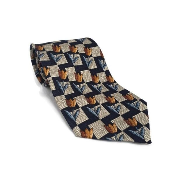 Nina Ricci Paris Silk Tie With Geometric & Tulip Pattern In Navy & Gold Colors‎ - Picture 1 of 6